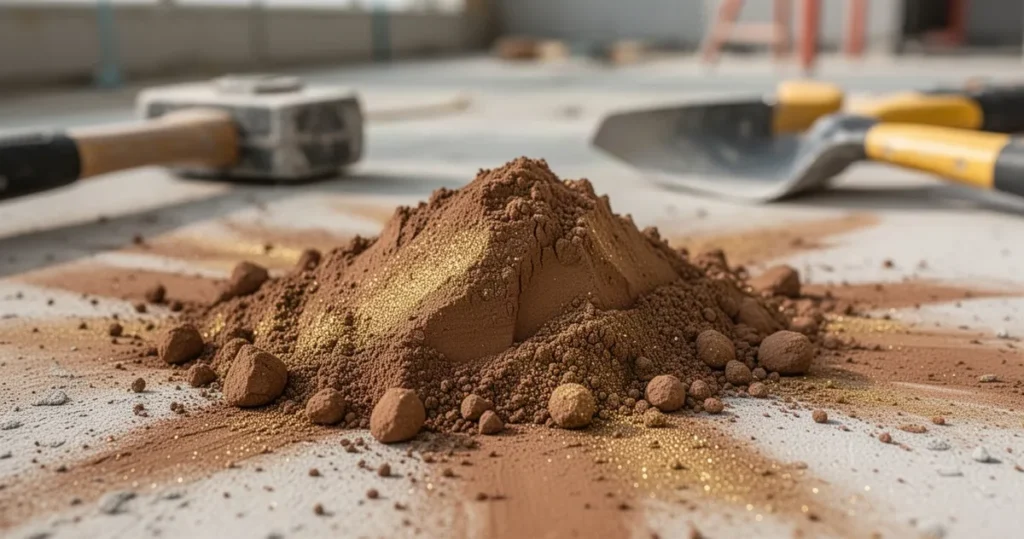 Cement glinowy – właściwości i zastosowanie Zbliżenie na teksturę sypkiego cementu glinowego w ciepłych, brązowo-złotych odcieniach na powierzchni budowlanej.