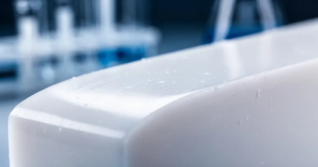 Zbliżenie makro na gładką, błyszczącą powierzchnię powłoki teflonowej PTFE o właściwościach nieprzywierających.