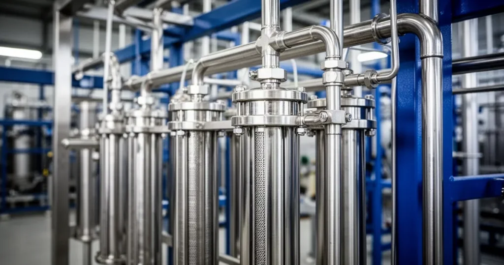 Jak działa filtracja w instalacjach przemysłowych Zbliżenie na przemysłowy system filtracji ze stali nierdzewnej z niebieskimi akcentami na tle hali produkcyjnej.