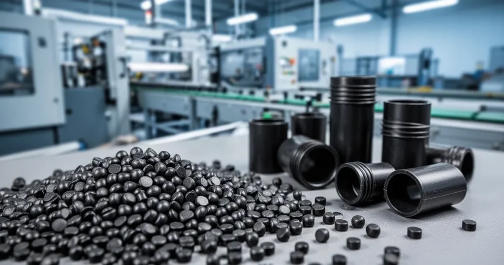 ABS – właściwości, zastosowanie Czarne granulaty tworzywa ABS oraz gotowe elementy plastikowe na tle rozmytej hali produkcyjnej z maszynami.