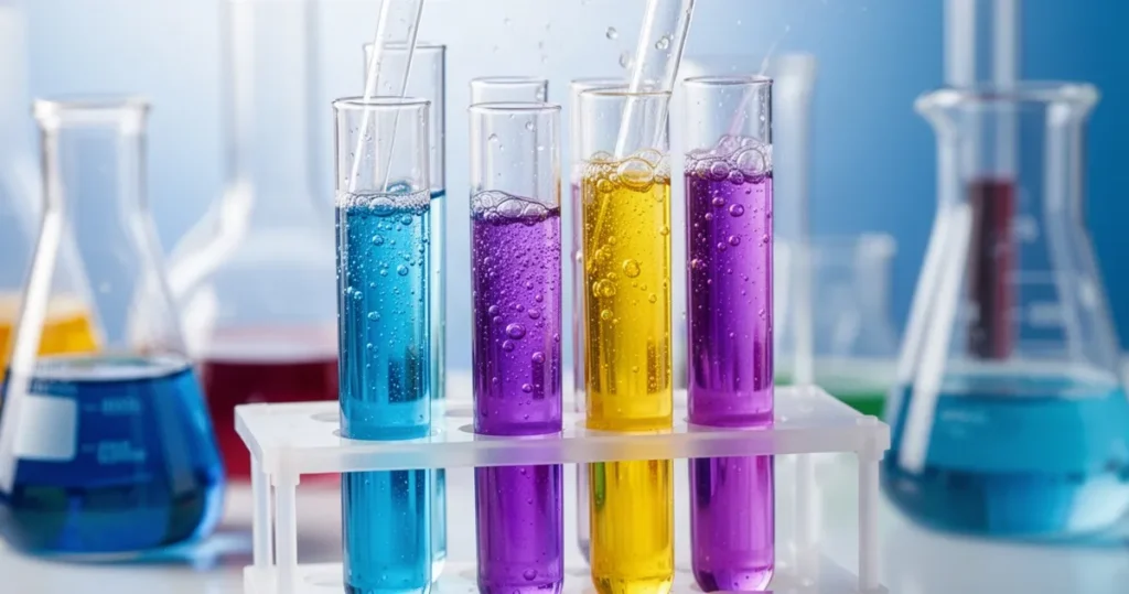 Reakcja chemiczna – definicja Kolorowe reakcje chemiczne w probówkach i zlewkach z bąbelkami w odcieniach błękitu, fioletu i żółci w laboratorium.