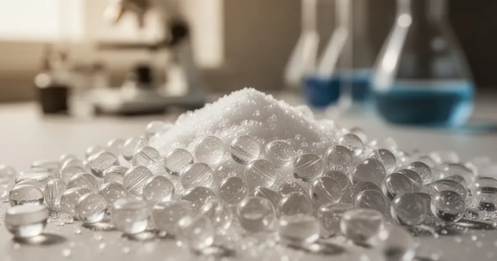 PEEK – właściwości i zastosowanie Zbliżenie makro na błyszczące, półprzezroczyste granulki polimeru PEEK w naturalnym świetle na tle rozmytego laboratorium.