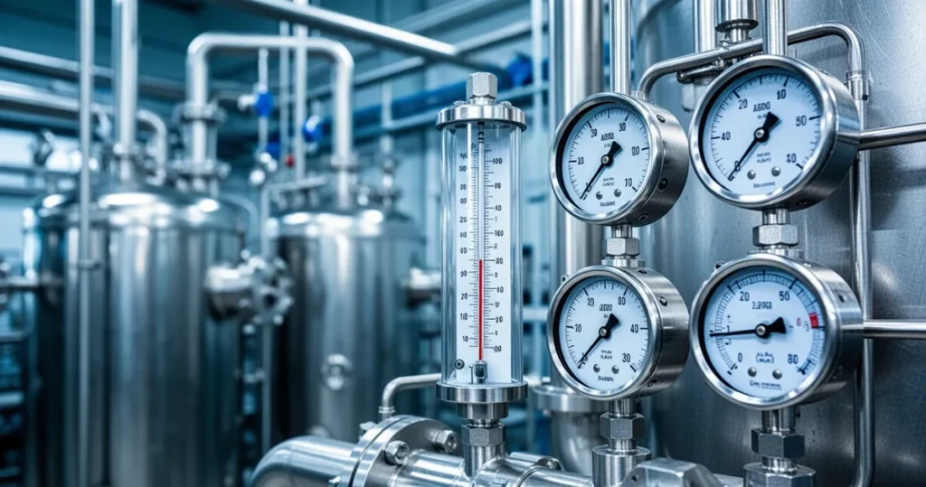 Zbliżenie na precyzyjny termometr i wskaźniki kontroli temperatury na tle stalowych rur i aparatury w zakładzie chemicznym.