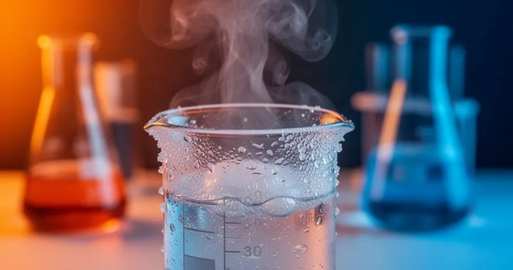 Reakcje egzotermiczne i endotermiczne Zlewka z parującą cieczą i szronem na zewnątrz, obrazująca reakcje egzotermiczną i endotermiczną w laboratorium.