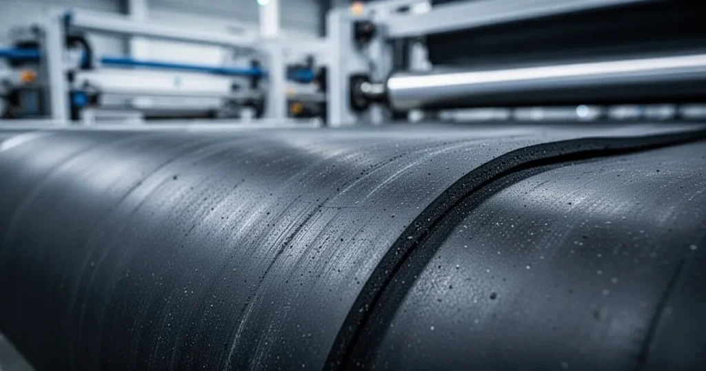 EPDM – właściwości i zastosowanie Zbliżenie na czarną gumę EPDM o wyraźnej fakturze, podkreślającej jej elastyczność i wytrzymałość w warunkach przemysłowych.
