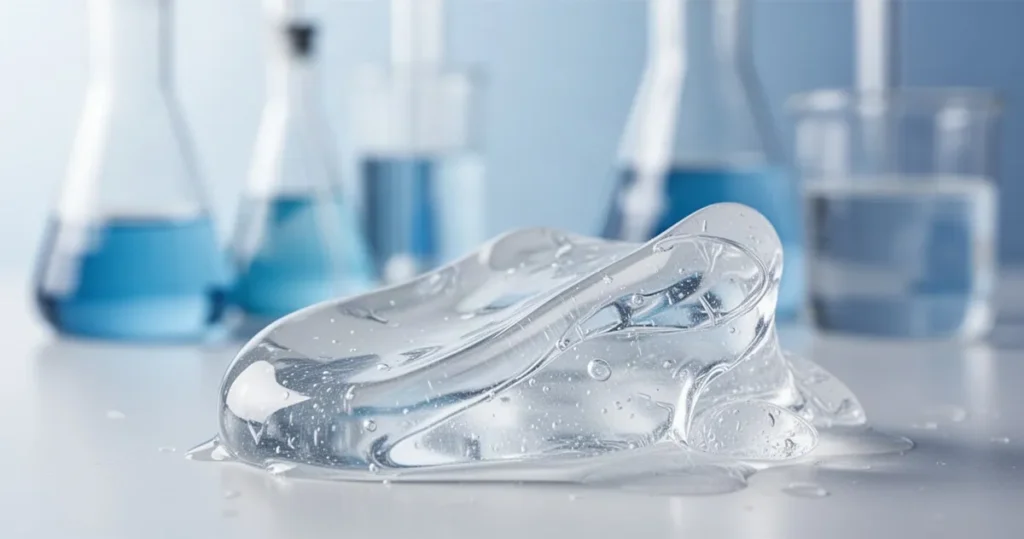 Silikon – właściwości, zastosowanie Zbliżenie na przezroczysty, błyszczący żel silikonowy o elastycznej strukturze na rozmytym tle laboratorium chemicznego.