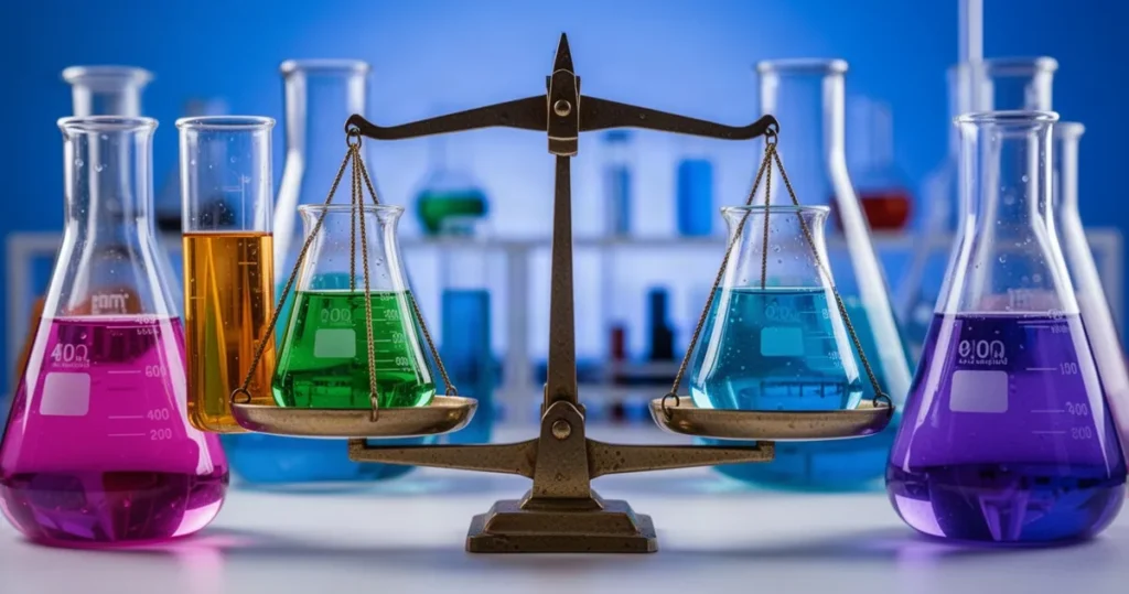 Równowaga chemiczna Zlewki i kolby z kolorowymi płynami chemicznymi w odcieniach błękitu i fioletu, zbalansowane na szalach wagi laboratoryjnej.