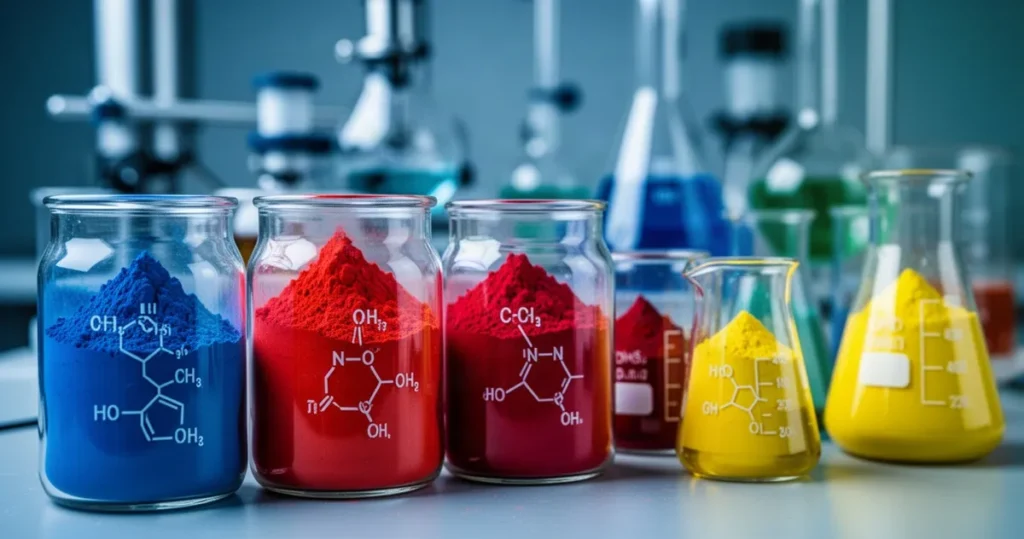 Zbliżenie na kolorowe pigmenty barwników przemysłowych w szklanych zlewkach z wypisanymi wzorami chemicznymi w laboratorium.