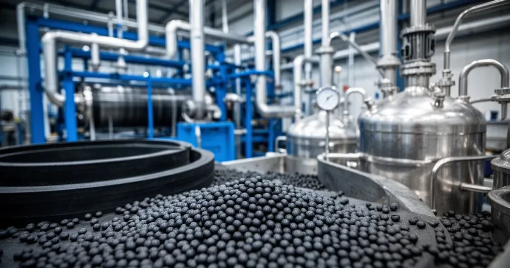 Zbliżenie na maszyny do produkcji kauczuku syntetycznego z granulkami surowca i reaktorami chemicznymi w hali fabrycznej.
