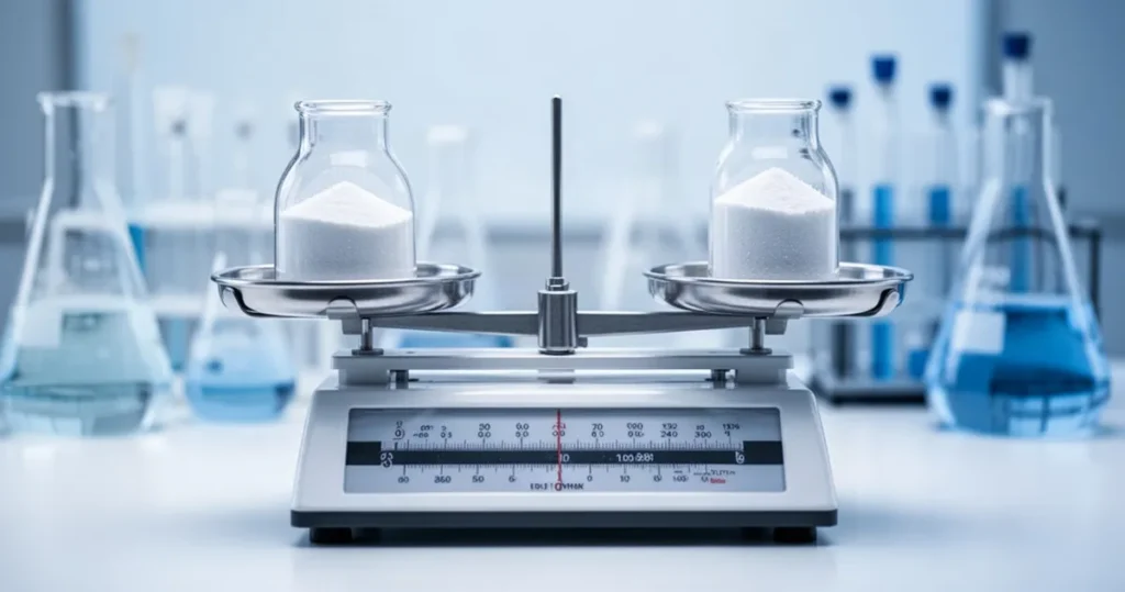 Waga laboratoryjna z równo rozłożonymi odważnikami na szalkach w laboratorium, w odcieniach błękitu i bieli.