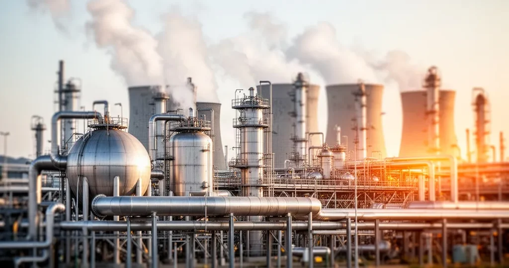 Instalacja petrochemiczna z dużymi stalowymi reaktorami, rurociągami i wieżami chłodniczymi w świetle dziennym.