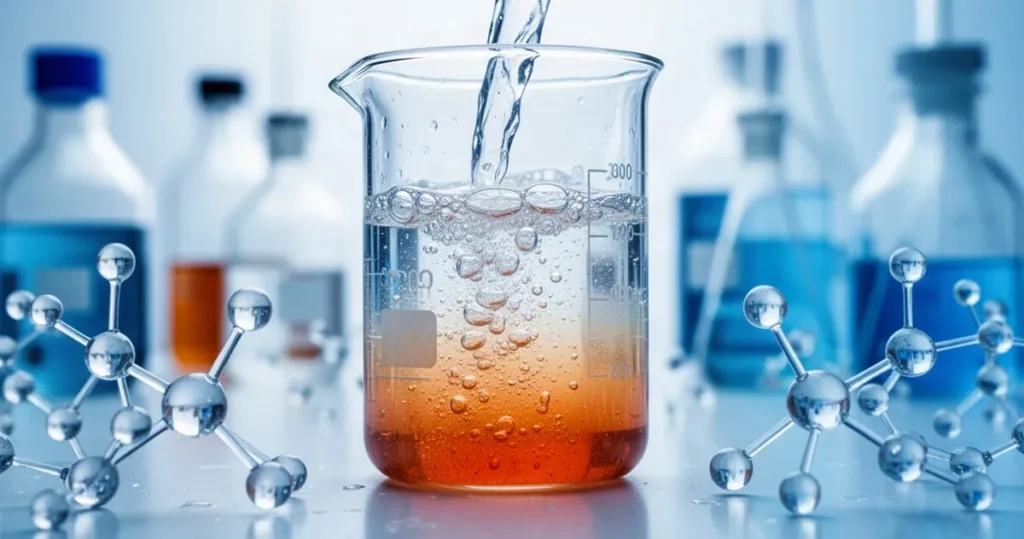 Hydroliza chemiczna Zbliżenie na szklaną zlewkę z bulgoczącą cieczą zmieniającą barwę podczas reakcji chemicznej w laboratorium.