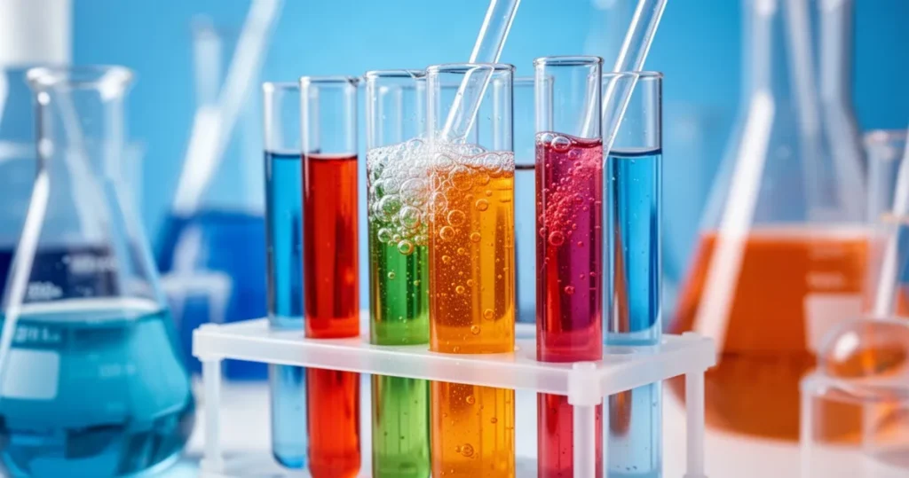 Utlenianie i redukcja Zbliżenie na probówki z buzującymi, kolorowymi substancjami chemicznymi w nowoczesnym laboratorium.