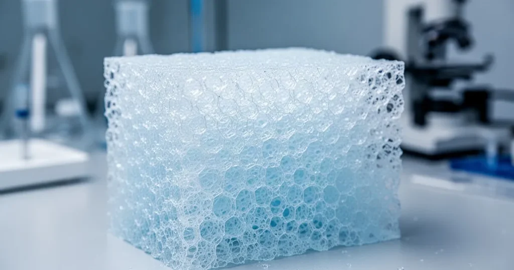 Aerogel – właściwości, zastosowanie Zbliżenie na półprzezroczysty blok aerożelu o delikatnej, porowatej strukturze plastra miodu i jasnoniebieskim odcieniu.