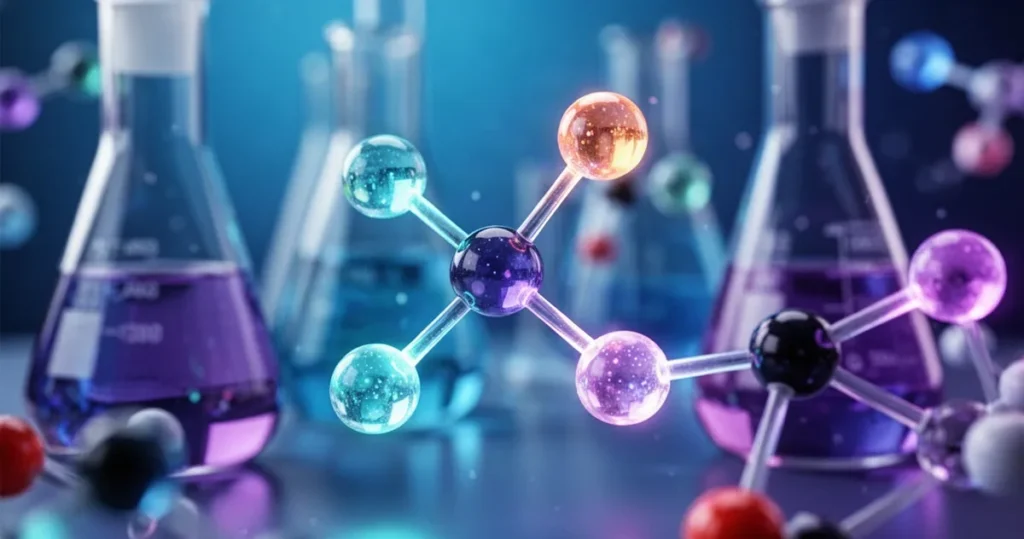 Zbliżenie na kolorowe modele cząsteczek chemicznych ze świecącymi wiązaniami na tle rozmytego wyposażenia laboratorium.