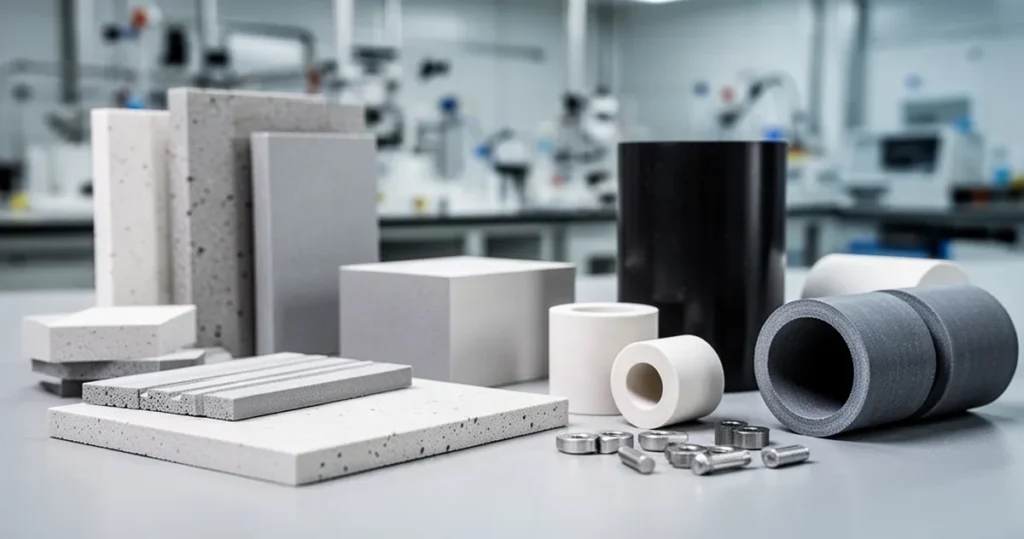 Zbliżenie na zaawansowane elementy z ceramiki technicznej w formie płytek i cylindrów w surowym, industrialnym wnętrzu.