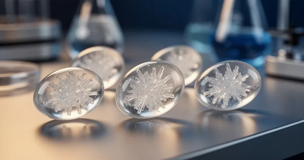 Krystaliczne materiały PCM w przezroczystych kapsułkach na nowoczesnym blacie w oświetlonym laboratorium.