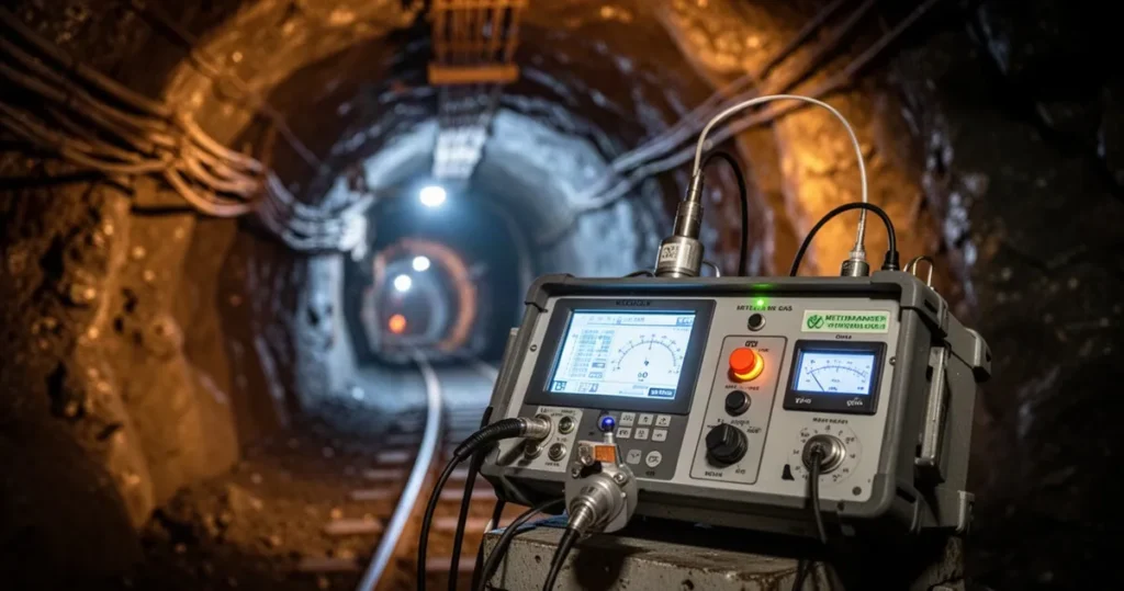 Zbliżenie na urządzenia do wykrywania metanu i mierniki bezpieczeństwa w kopalni węgla na tle rozmytego tunelu.