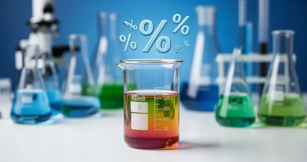 Zlewka z kolorowym płynem i unoszącymi się nad nią symbolami procentów na tle laboratoryjnego wyposażenia.