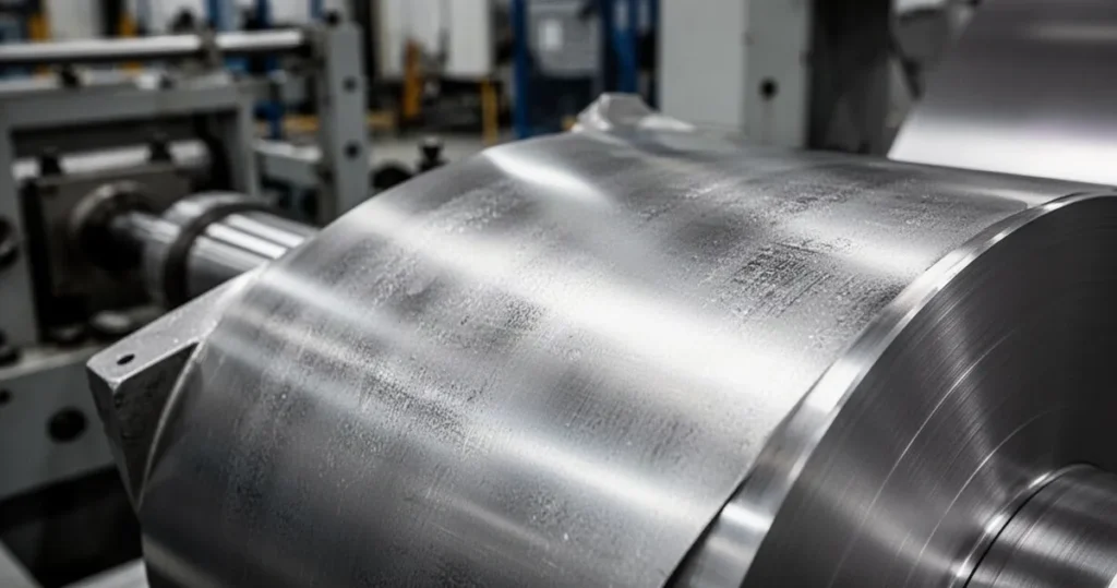 Zbliżenie na srebrzystoszarą, szczotkowaną powierzchnię tytanu o industrialnej fakturze i metalicznym połysku.