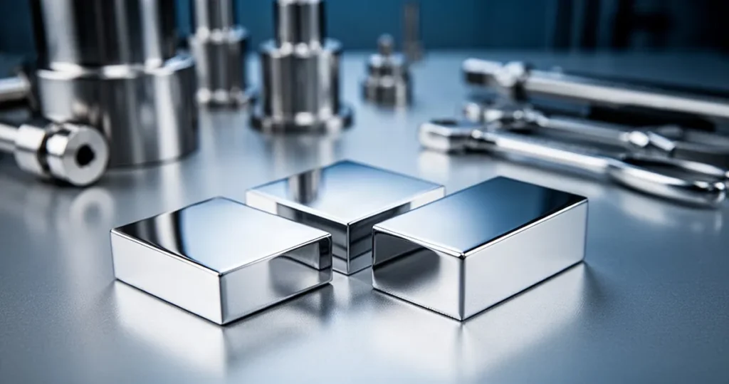 Chrom – właściwości, zastosowanie Lśniące, metaliczne próbki chromu o lustrzanej powierzchni na tle rozmytego wyposażenia laboratorium przemysłowego.