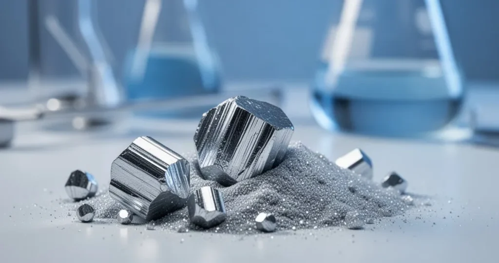 Cynk – właściwości, zastosowanie Lśniące kryształy i pył metalicznego cynku w laboratorium, oświetlone chłodnym światłem na rozmytym tle sprzętu badawczego.