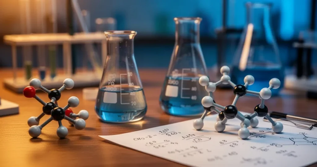 Wzór na liczbę moli – jak go obliczyć? Szklane zlewki chemiczne i modele cząsteczek na drewnianym stole z notatkami obliczeniowymi w laboratorium.