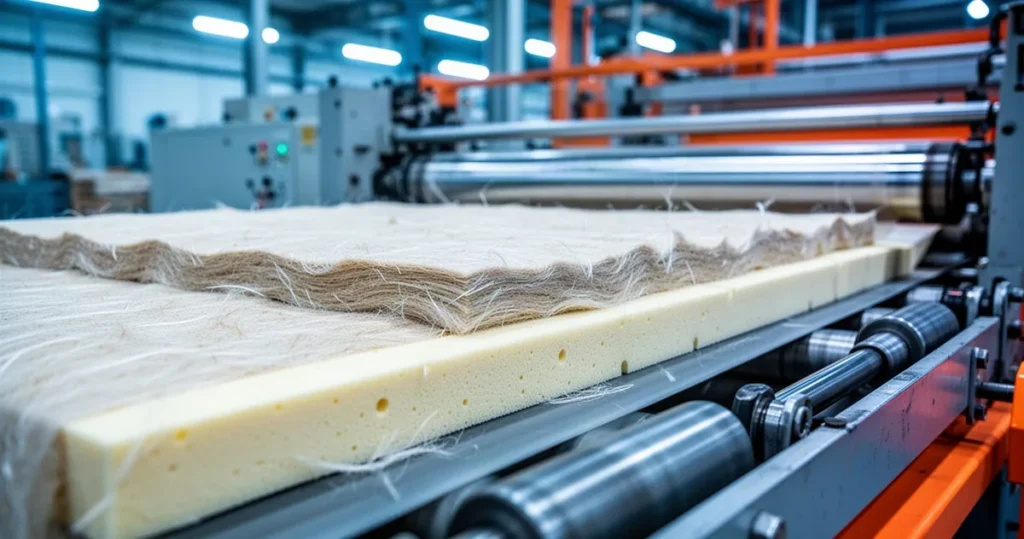 Zbliżenie na proces produkcji przemysłowych materiałów termoizolacyjnych z warstwami włókna szklanego i pianki.