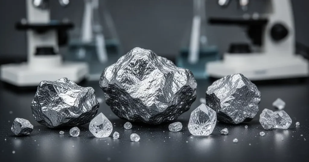 Mangan – właściwości, zastosowanie Zbliżenie na błyszczące próbki rudy manganu i kryształy metalu na ciemnym blacie laboratoryjnym ze sprzętem w tle.