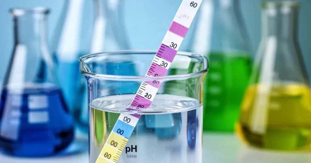 Wzór na pH Miernik pH zanurzony w roztworze z widoczną skalą numeryczną na pierwszym planie oraz laboratoryjnym szkłem w tle.