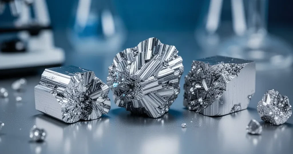 Molibden – właściwości, zastosowanie Błyszczące próbki metalicznego molibdenu o krystalicznej strukturze na rozmytym tle laboratoryjnym w chłodnej tonacji.