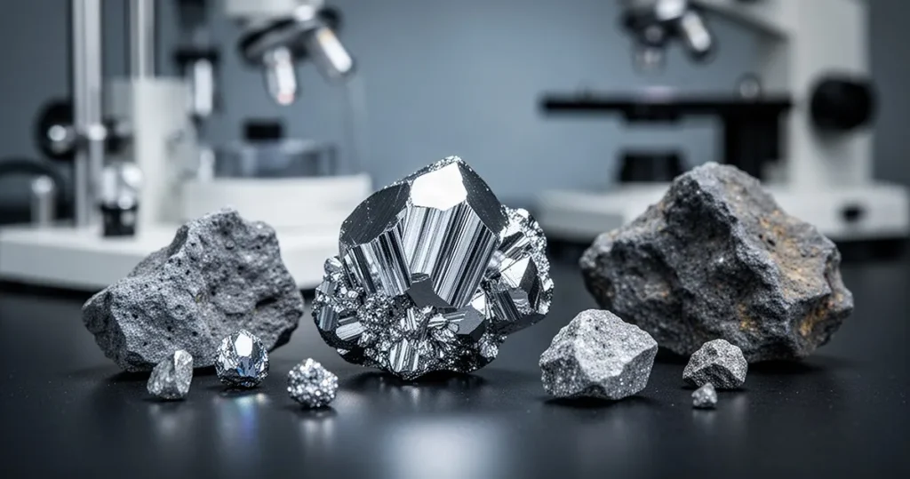 Lśniące kryształy metalicznego wanadu oraz próbki rudy na ciemnym blacie laboratoryjnym w otoczeniu sprzętu badawczego.