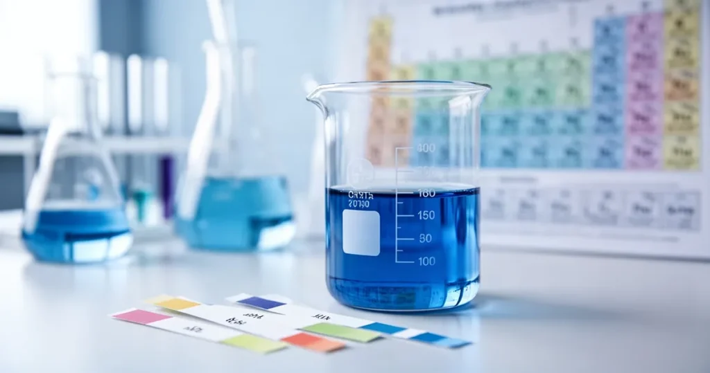 Wzór na pOH Zlewka z niebieskim roztworem chemicznym i paski papierka wskaźnikowego na tle sprzętu laboratoryjnego i układu okresowego.