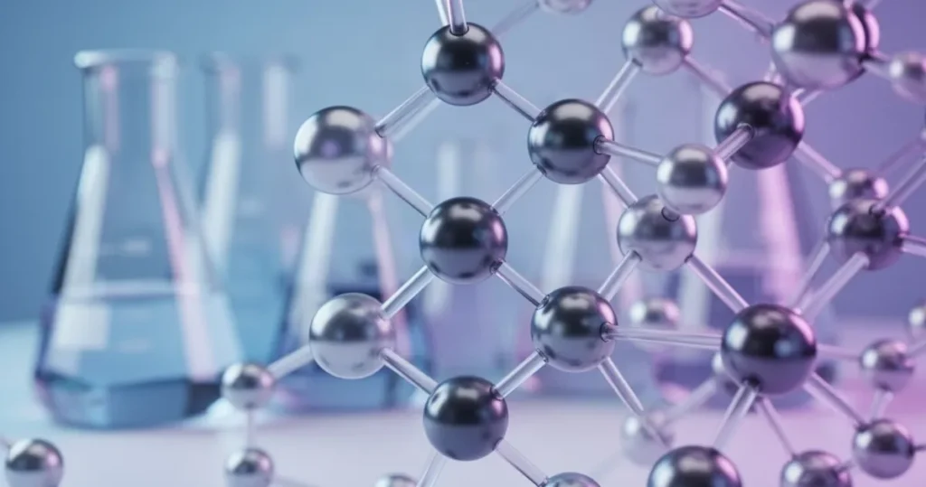 Struktura molekularna z atomami w układzie sieci krystalicznej, w tle niewyraźne szkło laboratoryjne w niebiesko-fioletowej t