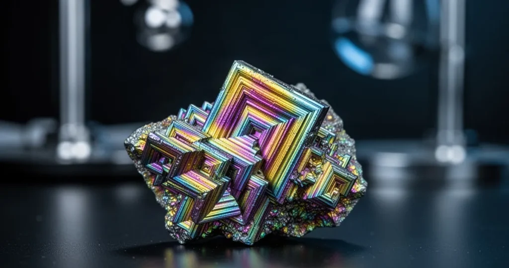 Krystaliczny bizmut o tęczowej barwie i geometrycznych, schodkowych strukturach na ciemnym, laboratoryjnym tle.