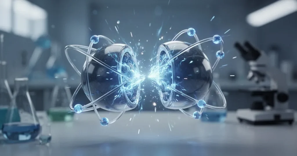 Na czym polega rozszczepienie jądra atomowego? Stylizowany model atomu rozszczepiający się na dwie części, otoczony błękitnymi iskrami energii na tle laboratorium.