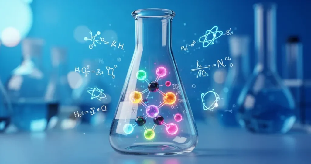 Szklana kolba laboratoryjna wypełniona kolorowymi cząsteczkami gazu, otoczona unoszącymi się wzorami fizycznymi w neonowych b