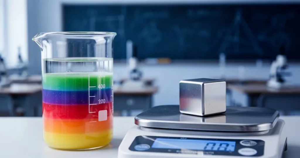 Wzór na gęstość substancji Szklana zlewka z kolorowymi warstwami płynów i metalowy sześcian na wadze laboratoryjnej w sali fizycznej.