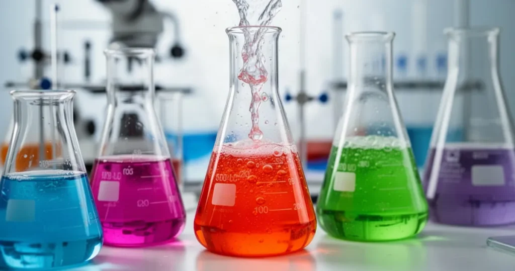 Wzór na wydajność reakcji Zbliżenie na zlewki i kolby laboratoryjne z barwnymi płynami podczas reakcji chemicznej w profesjonalnym laboratorium.