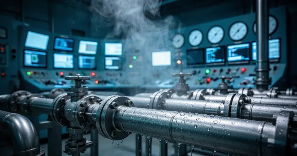 Przemysłowe rury i zawory chłodnicze z parą wodną na tle rozmytej sterowni nowoczesnej elektrowni jądrowej.