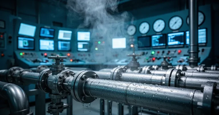 Przemysłowe rury i zawory chłodnicze z parą wodną na tle rozmytej sterowni nowoczesnej elektrowni jądrowej.