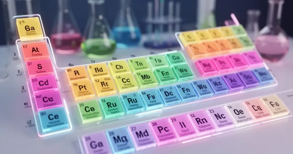 Zbliżenie na kolorowy układ okresowy pierwiastków z wyróżnionymi blokami atomowymi na rozmytym tle laboratorium chemicznego.