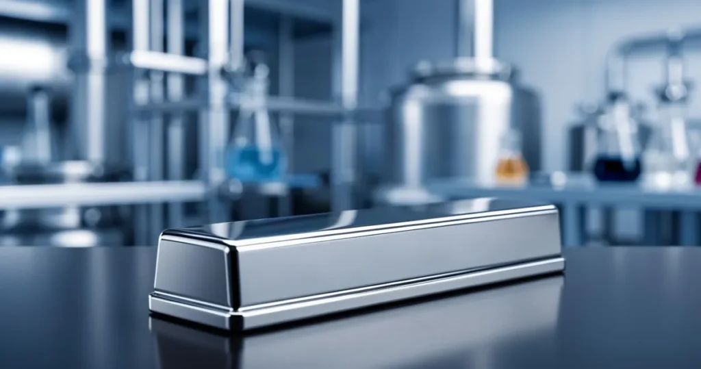 Platyna – właściwości i zastosowanie Lśniąca sztabka platyny na ciemnej, odbijającej światło powierzchni w profesjonalnym laboratorium.