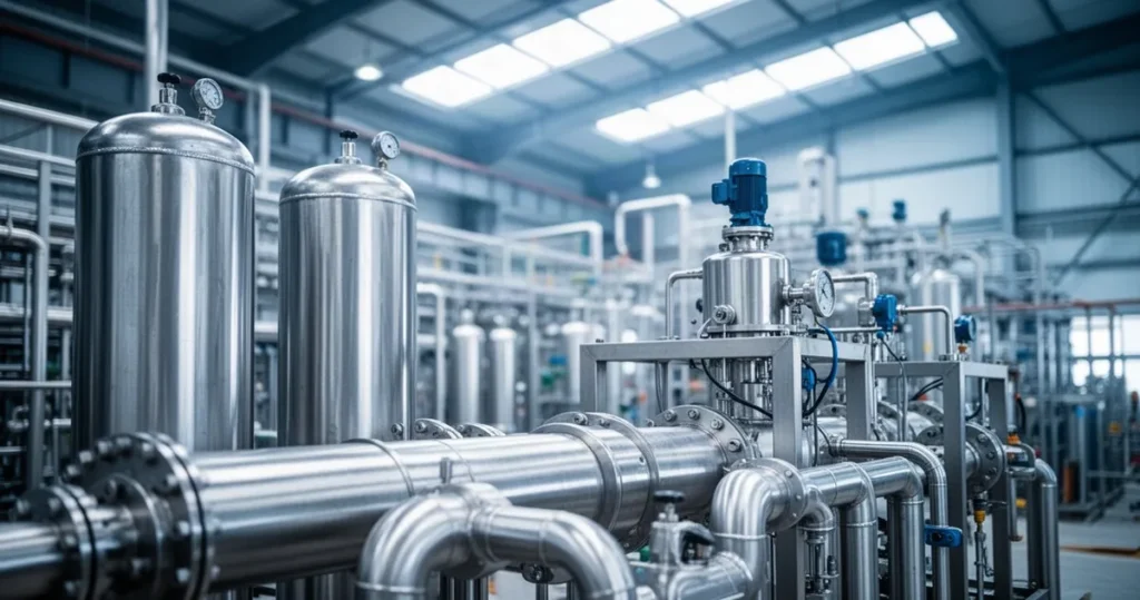 Jak działa przemysłowa produkcja tlenu? Nowoczesna instalacja do przemysłowej produkcji tlenu z wielkimi stalowymi zbiornikami, rurami i maszynerią w hali fabrycznej