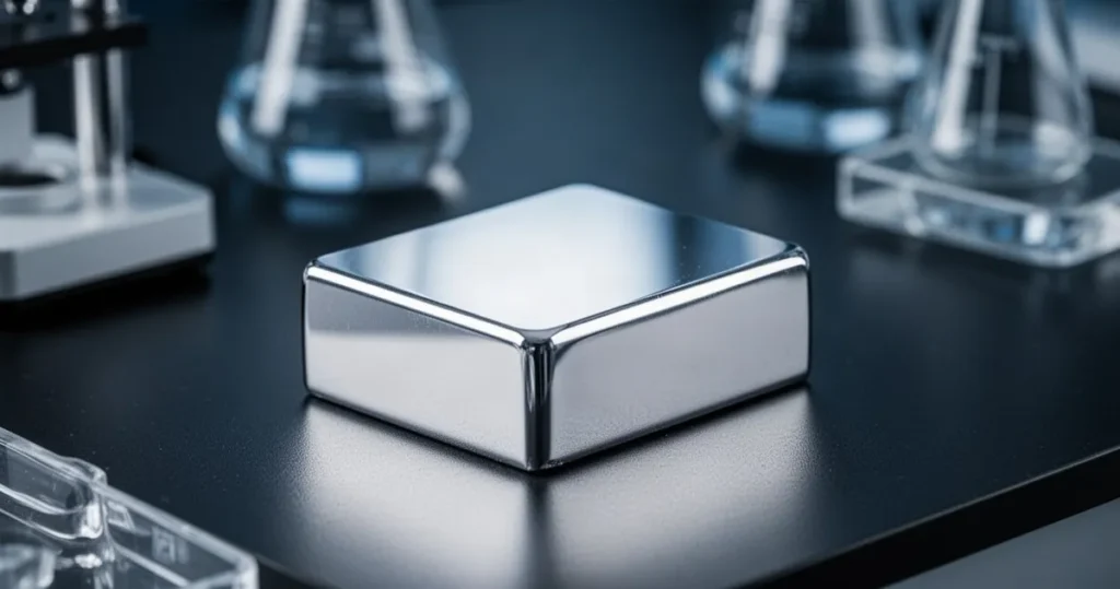 Iryd – właściwości i zastosowanie Lśniąca, srebrzystobiała próbka metalicznego irydu na ciemnym blacie laboratoryjnym z rozmytym sprzętem w tle.