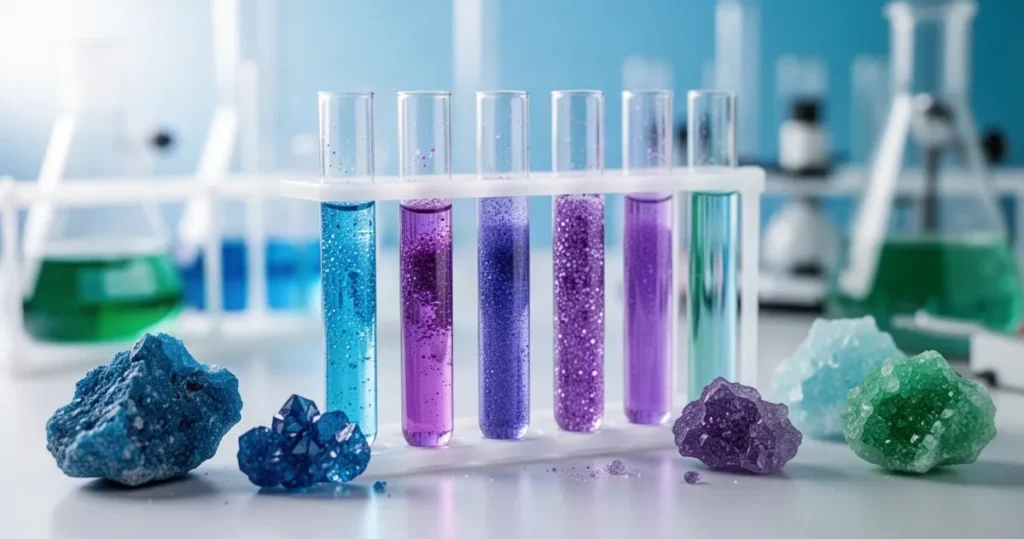 Chemia nieorganiczna – definicja Kolorowe związki chemiczne i kryształy minerałów w probówkach na stole laboratoryjnym w nowoczesnym laboratorium.