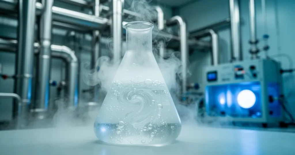 Kolba z wrzącym, ciekłym azotem na tle laboratoryjnego sprzętu chłodniczego z niebieskim oświetleniem.