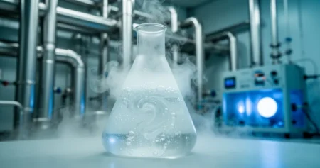 Kolba z wrzącym, ciekłym azotem na tle laboratoryjnego sprzętu chłodniczego z niebieskim oświetleniem.