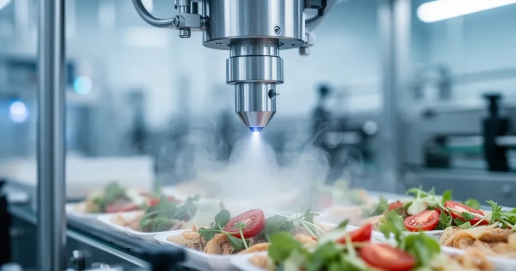 Dysza nowoczesnej maszyny pakującej uwalniająca gaz ochronny na świeże produkty w sterylnym środowisku przemysłowym.