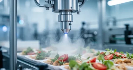 Dysza nowoczesnej maszyny pakującej uwalniająca gaz ochronny na świeże produkty w sterylnym środowisku przemysłowym.